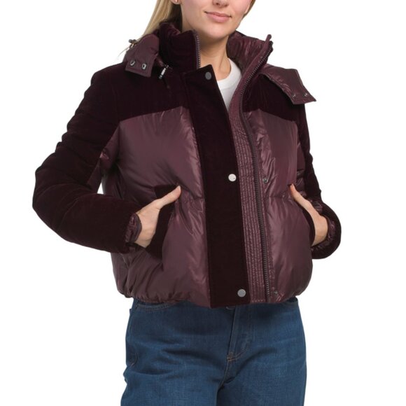 ANDREW MARC Burgundy Vega Velvet Trimmed Down Puffer Coat